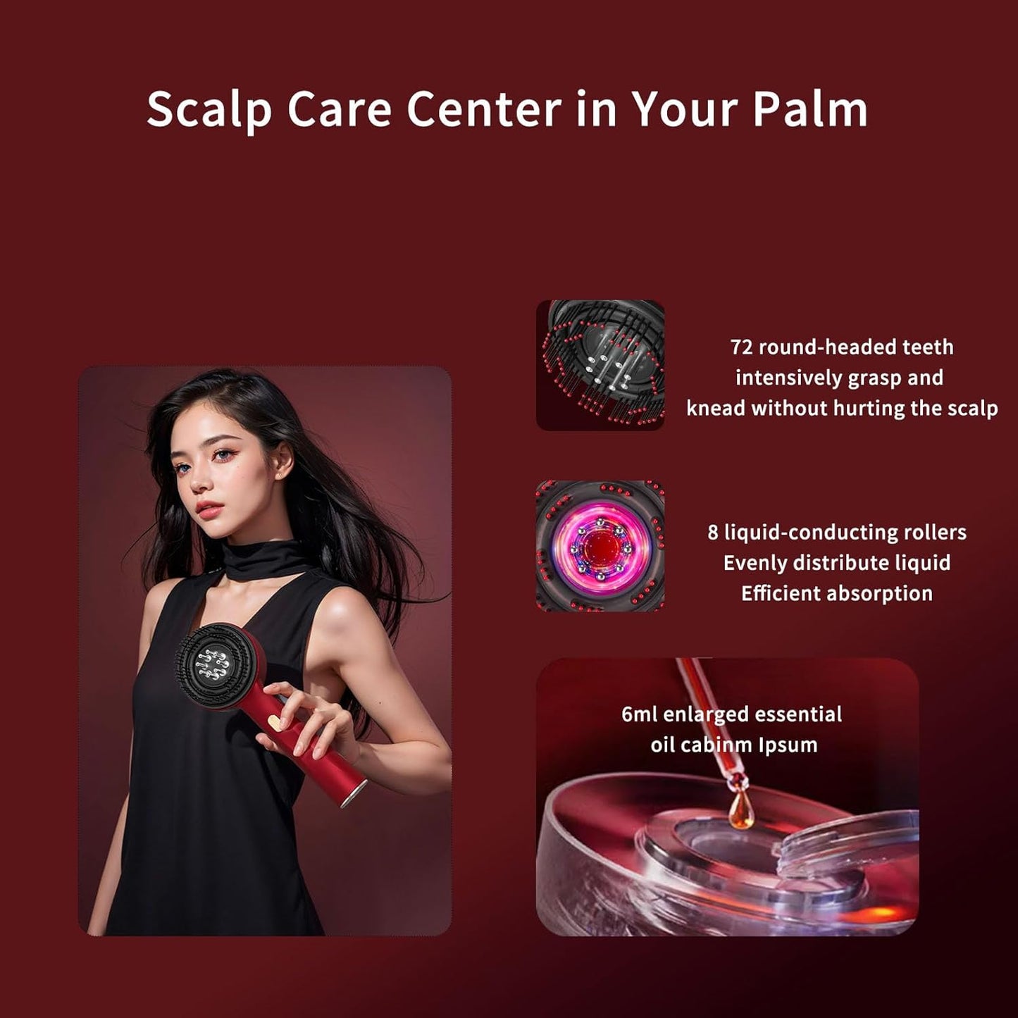 Multi-Functional Red Hair Brush, Cordless Electric Shiatsu Hair Brush, Deep Scalp Massage Comb for Muscle Relax
