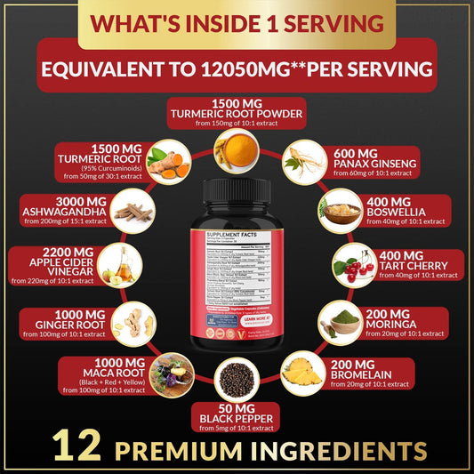 (2 Packs) Premium Turmeric Curcumin Supplement 12050Mg with Ginger, Apple Cider Vinegar, Black Pepper - 95% Curcuminoids