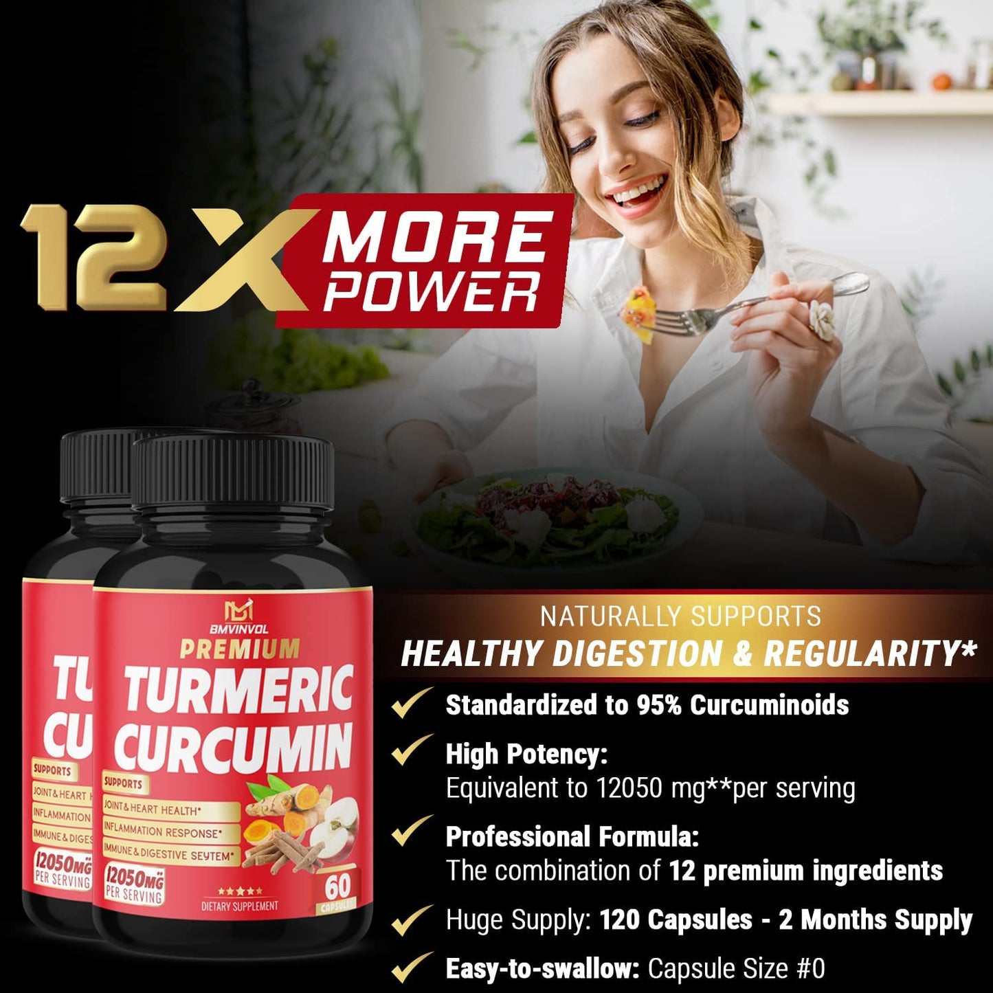 (2 Packs) Premium Turmeric Curcumin Supplement 12050Mg with Ginger, Apple Cider Vinegar, Black Pepper - 95% Curcuminoids