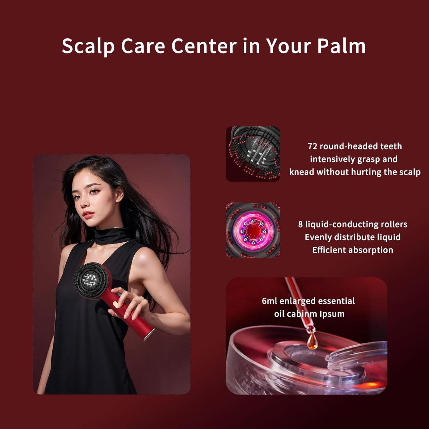 Multi-Functional Red Hair Brush, Cordless Electric Shiatsu Hair Brush, Deep Scalp Massage Comb for Muscle Relax