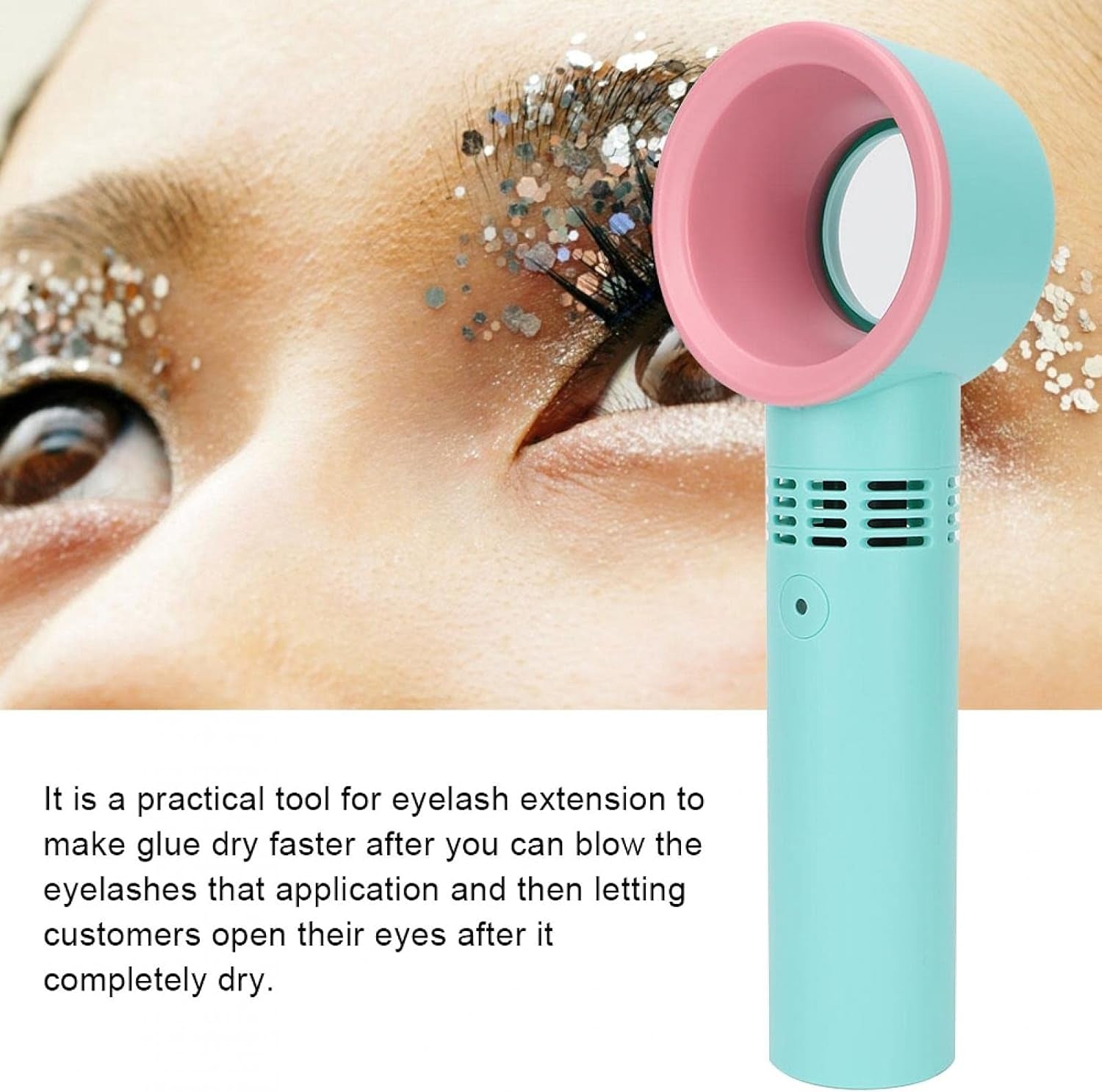 Mini Bladeless Eyelash Fan Dryer, Quiet Portable Mini USB Rechargeable Bladeless Hand Held Fan with Fixed Base Essential Eyelash Extension Supplies for Grafting False Eyelashes (Blue)