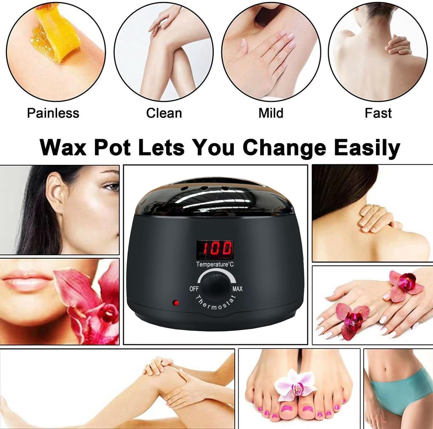 Digital Waxing Kit - Professional Hair Removal for Women and Men - Hard Wax Melt Warmer with Digital Display - Ideal for Sensitive Skin, Eyebrows, Face, Underarms, Brazilian, Bikini, Legs