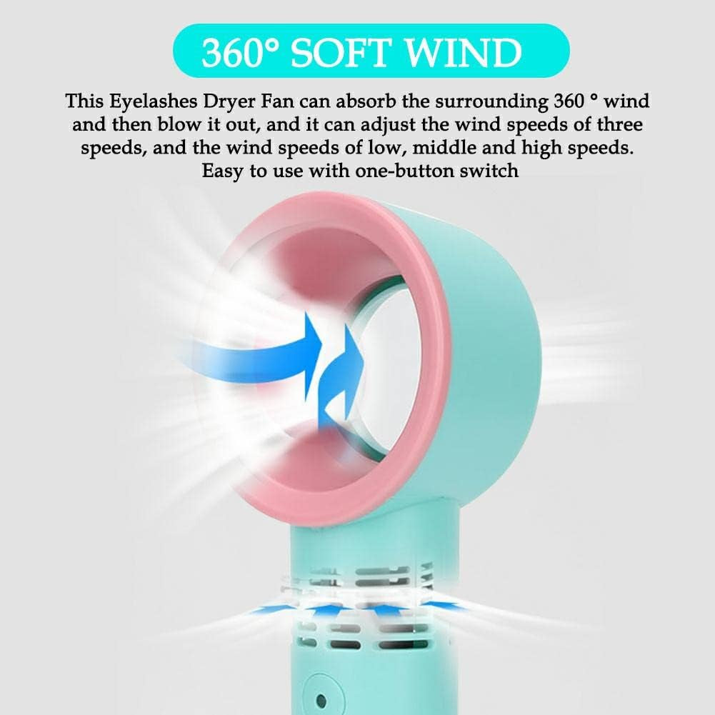 Mini Bladeless Eyelash Fan Dryer, Quiet Portable Mini USB Rechargeable Bladeless Hand Held Fan with Fixed Base Essential Eyelash Extension Supplies for Grafting False Eyelashes (Blue)