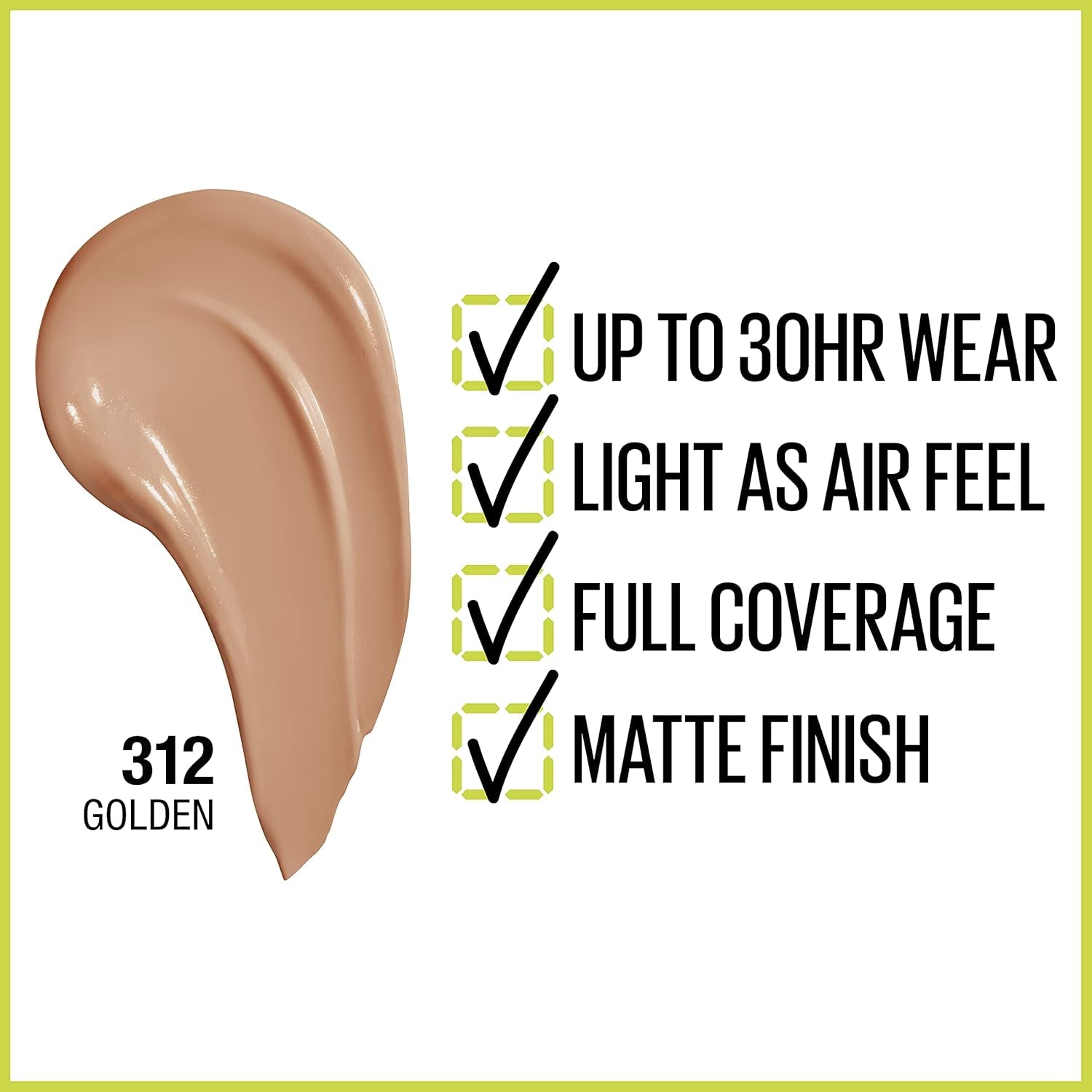 Super Stay Full Coverage Liquid Foundation Active Wear Makeup, up to 30Hr Wear, Transfer, Sweat & Water Resistant, Matte Finish, Golden, 1 Count