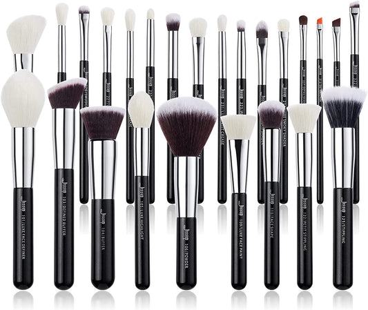 25Pcs Professional Makeup Brush Set Foundation Powder Concealer Eyeshadow Blending Blush Highlighter Natural-Synthetic Hair Brushes (Black/Silver),T175