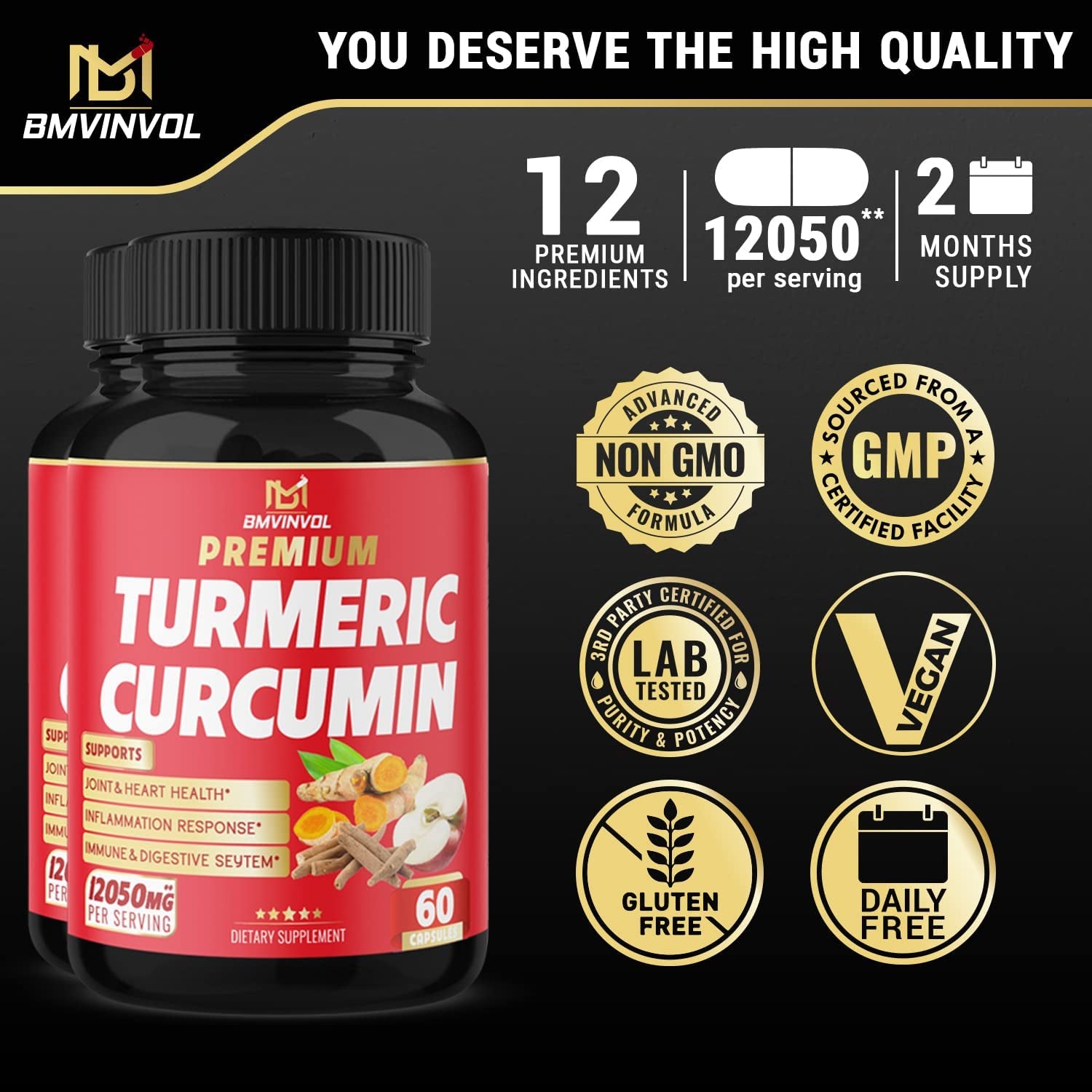 (2 Packs) Premium Turmeric Curcumin Supplement 12050Mg with Ginger, Apple Cider Vinegar, Black Pepper - 95% Curcuminoids