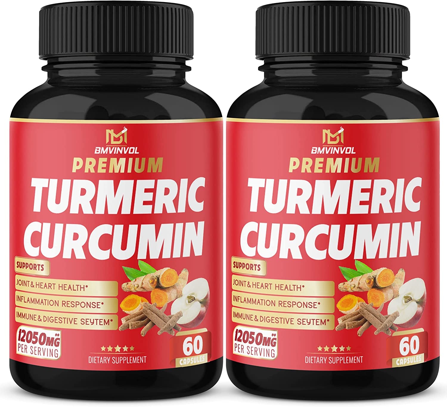 (2 Packs) Premium Turmeric Curcumin Supplement 12050Mg with Ginger, Apple Cider Vinegar, Black Pepper - 95% Curcuminoids