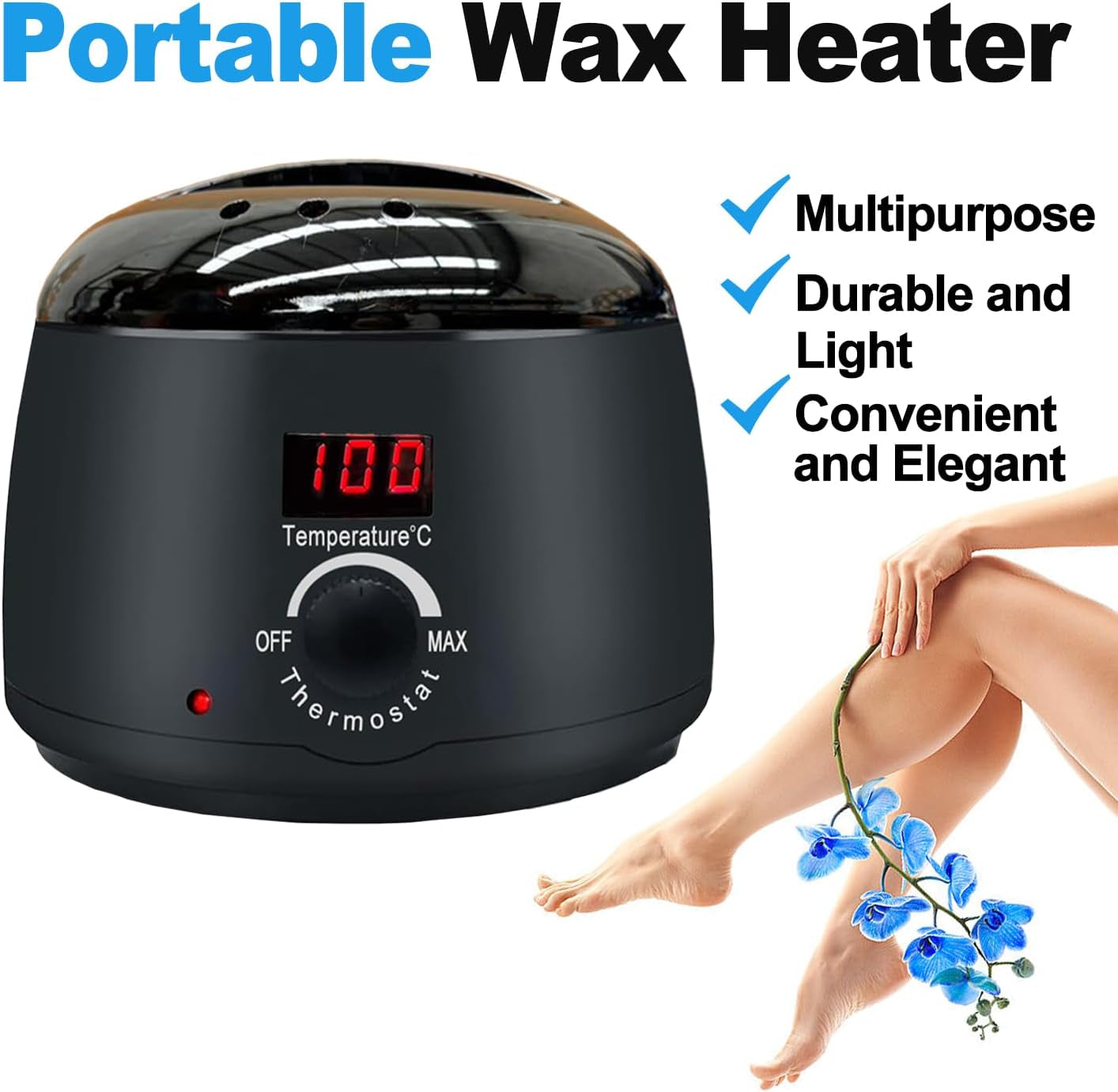 Digital Waxing Kit - Professional Hair Removal for Women and Men - Hard Wax Melt Warmer with Digital Display - Ideal for Sensitive Skin, Eyebrows, Face, Underarms, Brazilian, Bikini, Legs