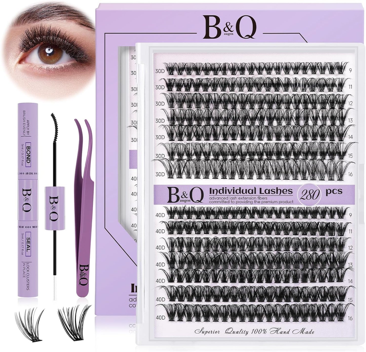 DIY Eyelash Extension Kit 280 Pcs 30D+40D Clusters Kit Eyelashes Extension Kit with Lash Bond and Seal Lash Clusters Kit at Home(Kit-30D+40D-9-16Mix)