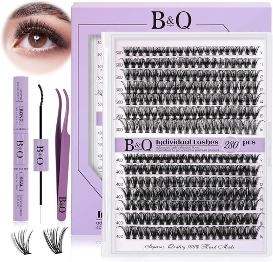 DIY Eyelash Extension Kit 280 Pcs 30D+40D Clusters Kit Eyelashes Extension Kit with Lash Bond and Seal Lash Clusters Kit at Home(Kit-30D+40D-9-16Mix)