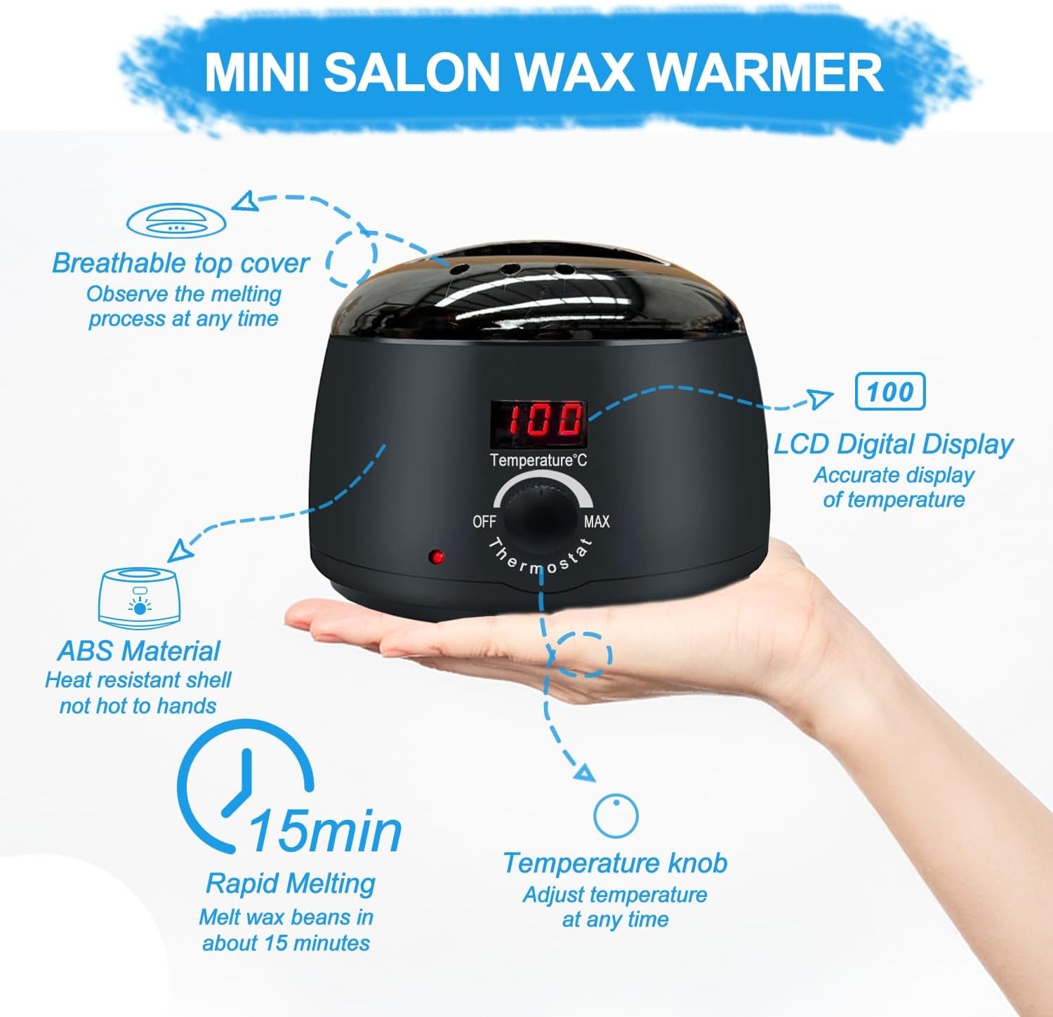 Digital Waxing Kit - Professional Hair Removal for Women and Men - Hard Wax Melt Warmer with Digital Display - Ideal for Sensitive Skin, Eyebrows, Face, Underarms, Brazilian, Bikini, Legs