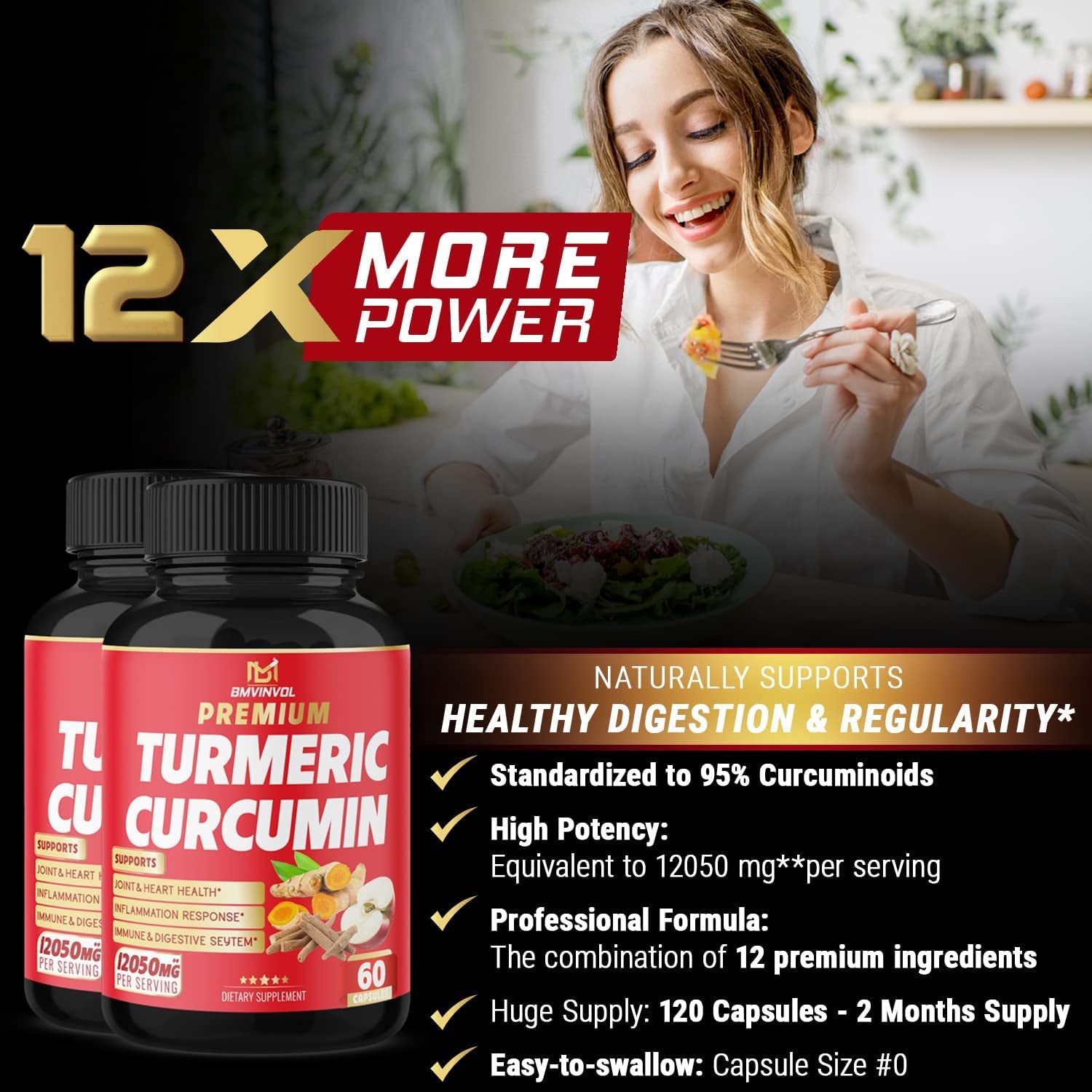 (2 Packs) Premium Turmeric Curcumin Supplement 12050Mg with Ginger, Apple Cider Vinegar, Black Pepper - 95% Curcuminoids