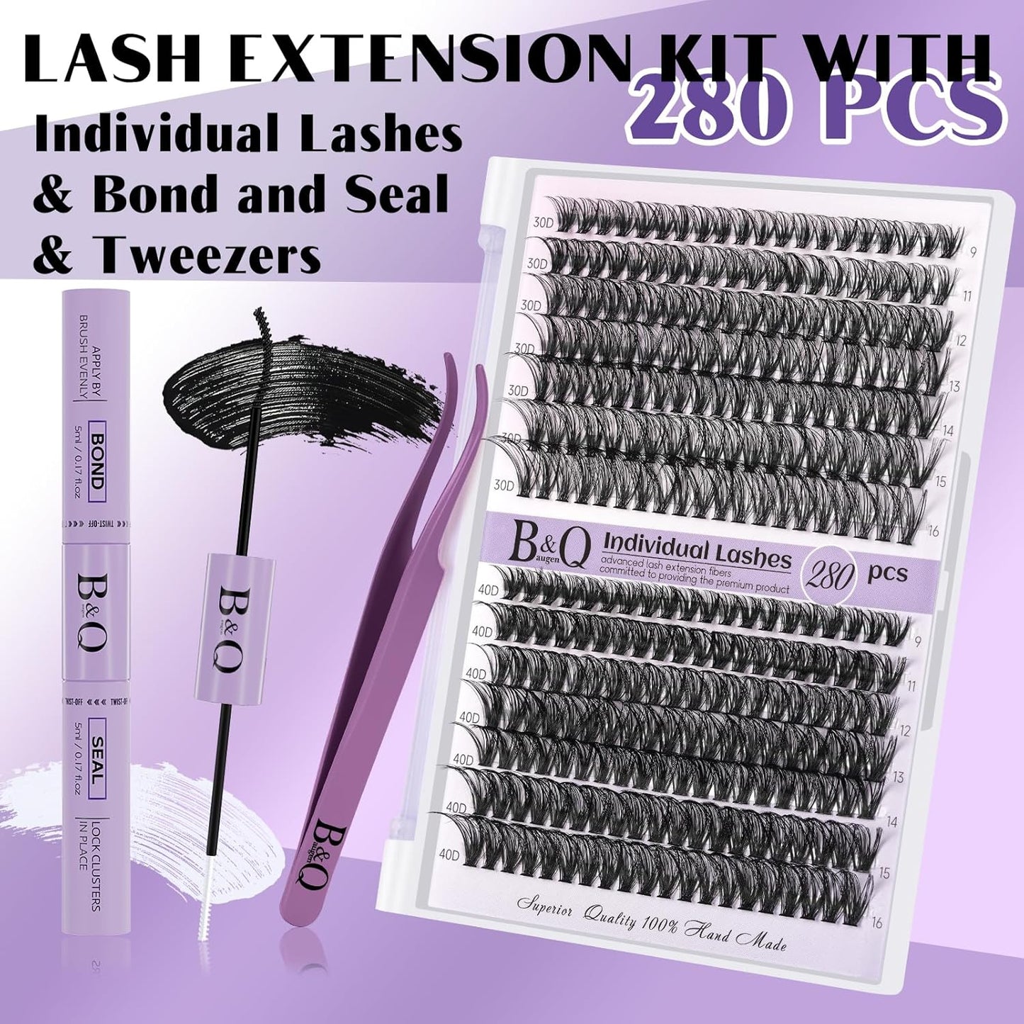 DIY Eyelash Extension Kit 280 Pcs 30D+40D Clusters Kit Eyelashes Extension Kit with Lash Bond and Seal Lash Clusters Kit at Home(Kit-30D+40D-9-16Mix)