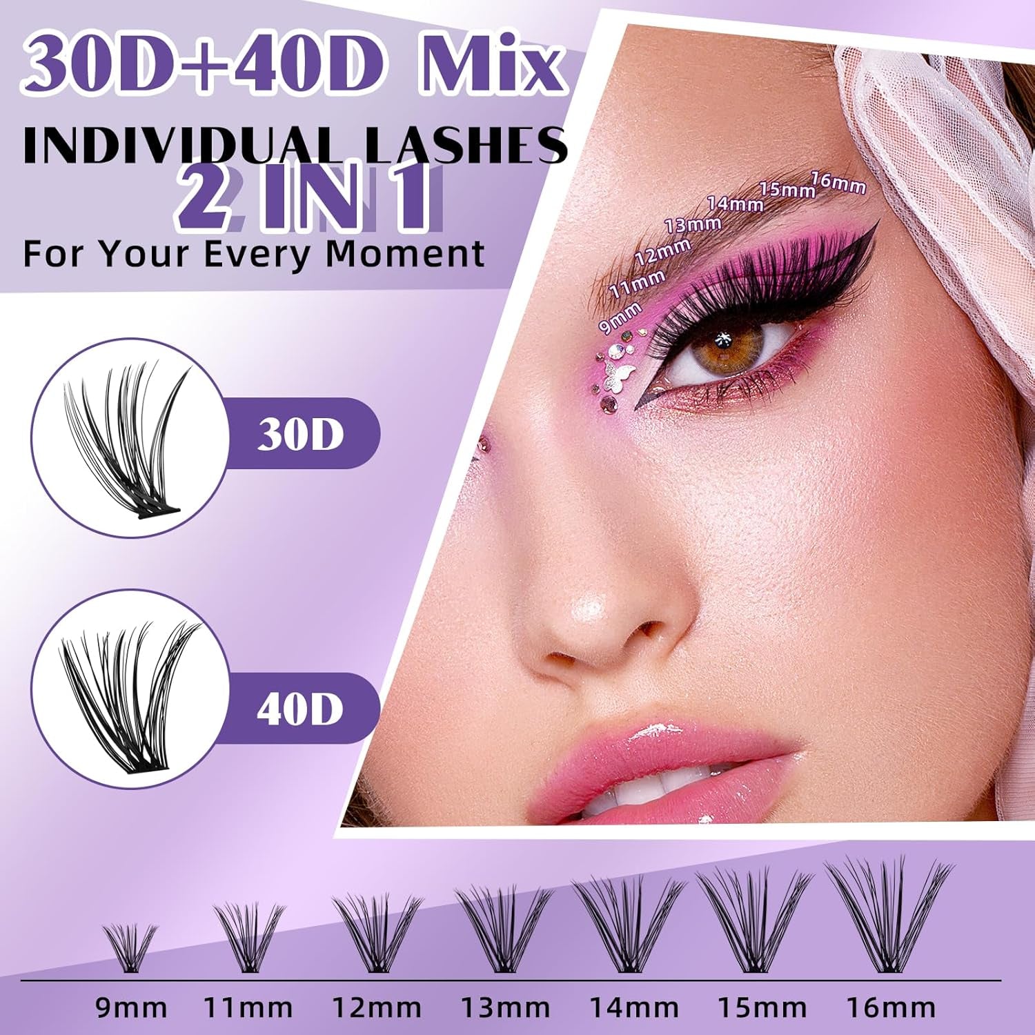 DIY Eyelash Extension Kit 280 Pcs 30D+40D Clusters Kit Eyelashes Extension Kit with Lash Bond and Seal Lash Clusters Kit at Home(Kit-30D+40D-9-16Mix)