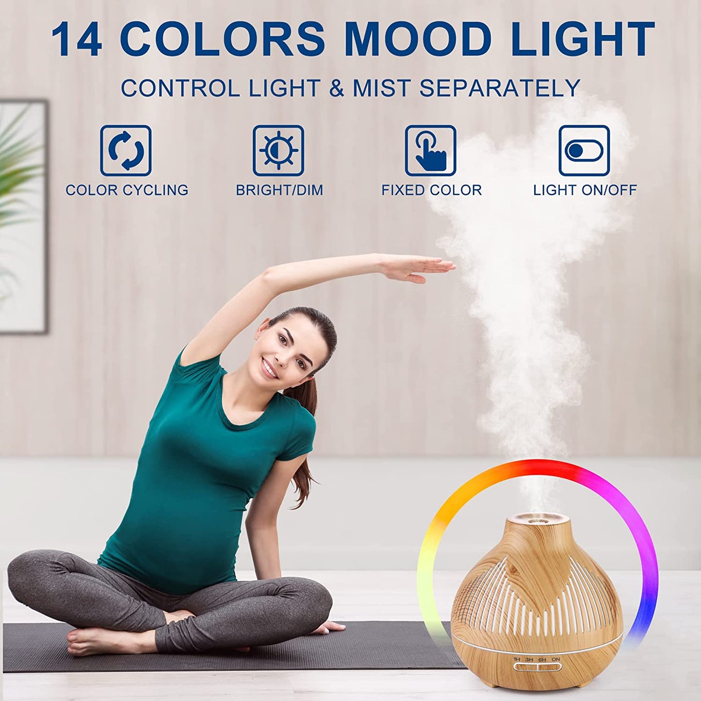 Oil Diffuser, 400ML Essential Oil Diffuser, 6 in 1 Diffuser & Humidifier with 3 Mist Modes & 5 Timers, Intermittent Mode up to 24H+, 14 Colors Mood Light, BPA Free for Baby, Kids, Yoga, Gift