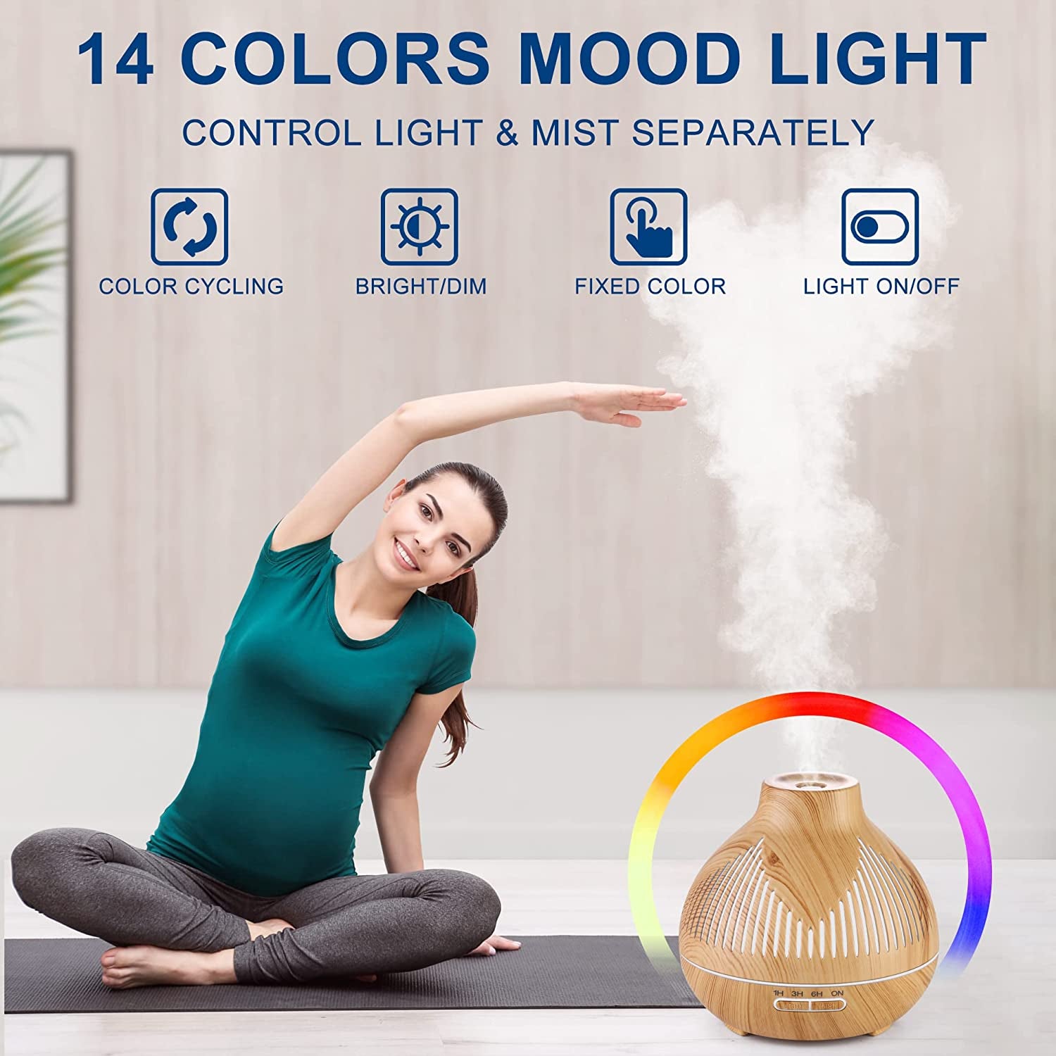 Oil Diffuser, 400ML Essential Oil Diffuser, 6 in 1 Diffuser & Humidifier with 3 Mist Modes & 5 Timers, Intermittent Mode up to 24H+, 14 Colors Mood Light, BPA Free for Baby, Kids, Yoga, Gift