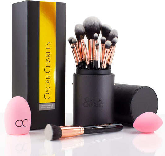 17 Piece Professional Makeup Brush Set: Make up Brushes with Case, Beauty Blender, Brush Cleaner, Product Guide and Gift Box