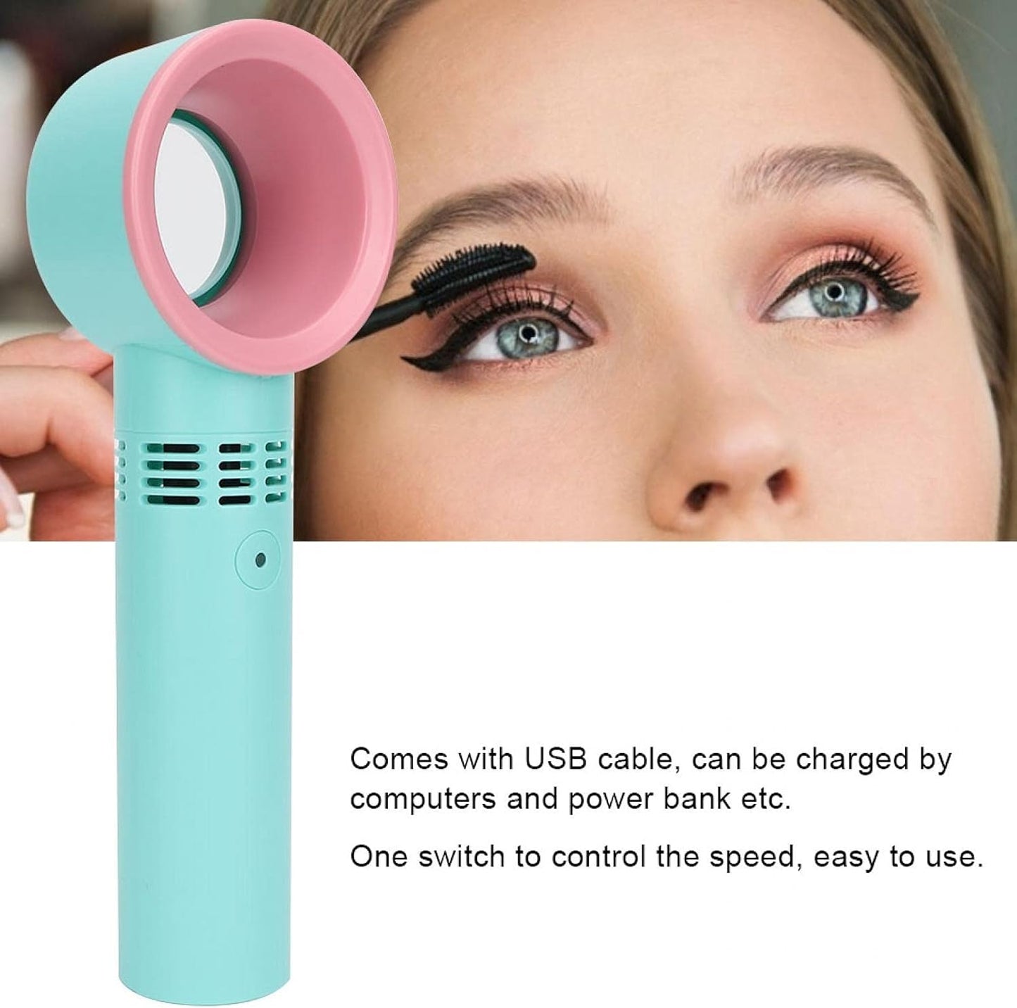 Mini Bladeless Eyelash Fan Dryer, Quiet Portable Mini USB Rechargeable Bladeless Hand Held Fan with Fixed Base Essential Eyelash Extension Supplies for Grafting False Eyelashes (Blue)