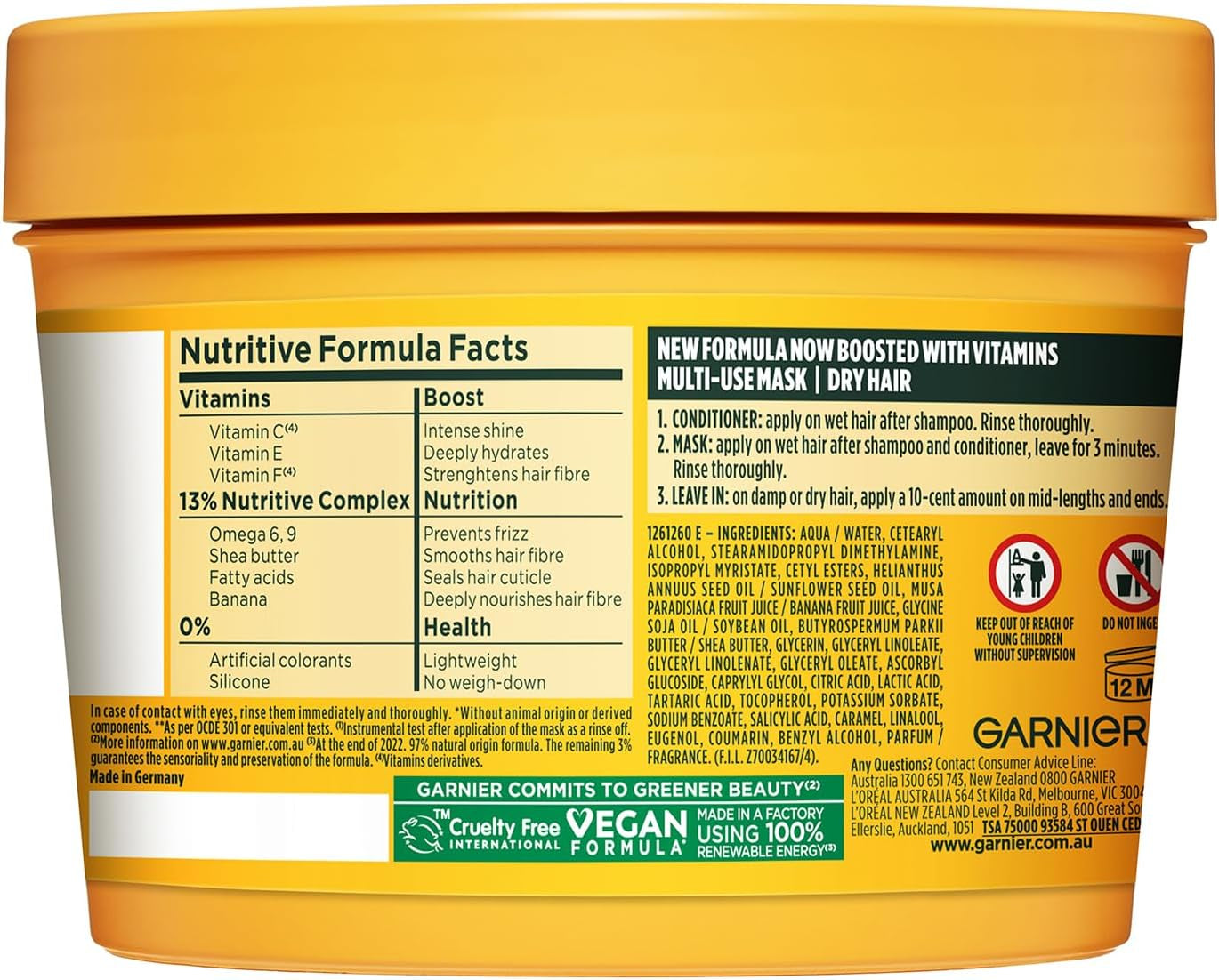 Fructis, 3-In-1 Hair Mask, Hydrating & Softening, Hair Food Banana, 390Ml