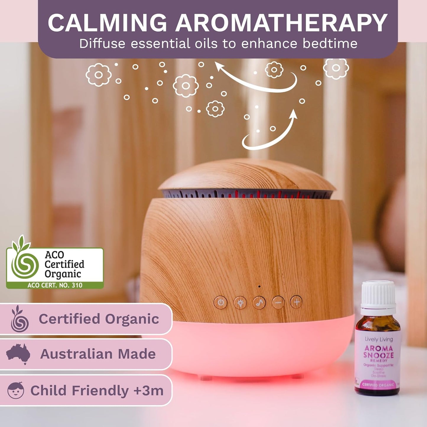 Aroma-Snooze Essential Oil Diffuser Vaporizer - Cool Mist Air Humidifier & White Noise Machine | 7-In-1 Aromatherapy Baby Sleep Aid, Purified Mist with 5 Soothing Sounds, LED Colours