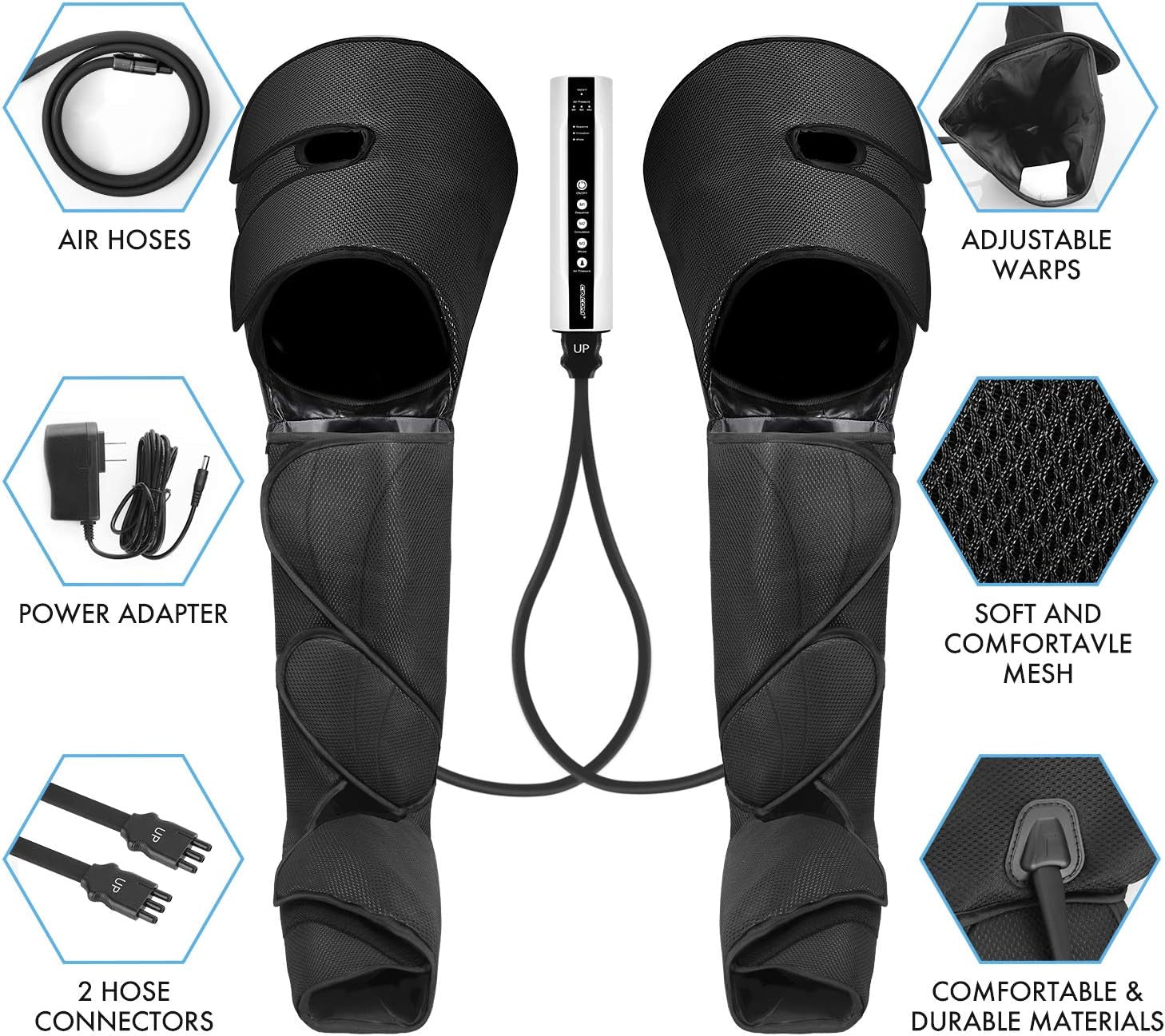 Leg Massager for Circulation and Pain Relief, Air Compression Foot Calf Thigh Massage, Full Leg Massager 3 Modes 3 Intensities 2 Extenders